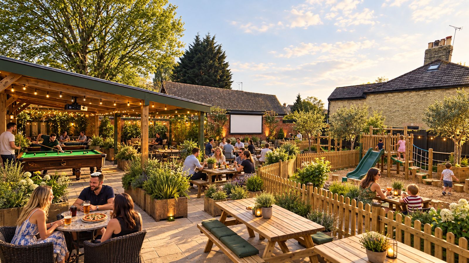 Artist's impression of the Sebright Arms garden: a covered terrace with a pool table, planted seating areas, a big outdoor screen and a fenced children's play area